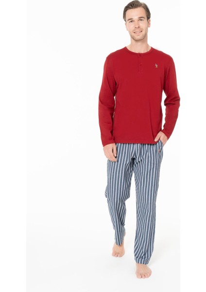 18987 Erkek Bordo Yuvarlak Yaka Patlı Uzun Kollu Pijama Takımı