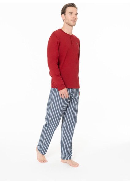 18987 Erkek Bordo Yuvarlak Yaka Patlı Uzun Kollu Pijama Takımı modelleri