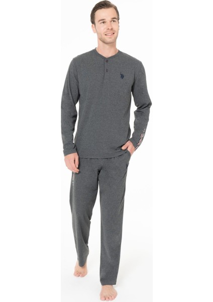 18959 Erkek Antrasıt Melanj Yuvarlak Yaka Patlı Uzun Kollu Pijama Takımı