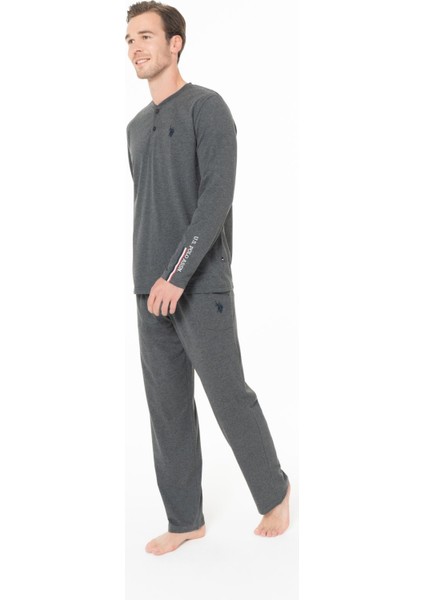 18959 Erkek Antrasıt Melanj Yuvarlak Yaka Patlı Uzun Kollu Pijama Takımı modelleri