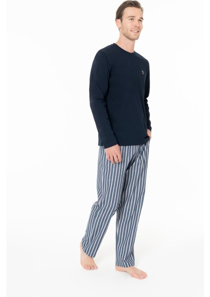 18977 Erkek Lacıvert Yuvarlak Yaka Uzun Kollu Pijama Takımı modelleri