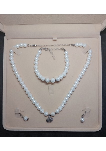 Inci Kolye Bileklik Küpe Set, Paslanmaz Çelik Istiridye Uçlu, Gümüş Rengi