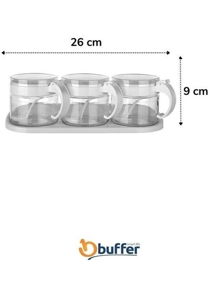 Buffer® Beyaz 3lü Standlı Kapaklı Kaşıklı Cam Hava Sızdırmaz Baharatlık Takımı KC-386
