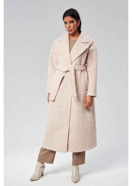 Bej Buklet Kaşe Oversize Kaban