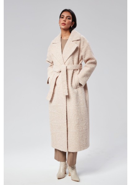 Bej Buklet Kaşe Oversize Kaban