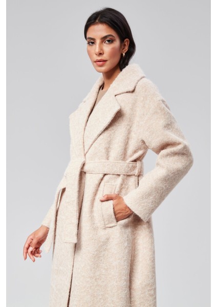 Bej Buklet Kaşe Oversize Kaban