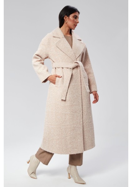 Bej Buklet Kaşe Oversize Kaban