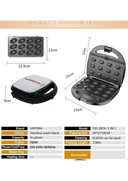 6'lı 1 Arada Tost, Waffle, Donut, Ceviz Kurabiye, Sandviç Makinesi Siyah