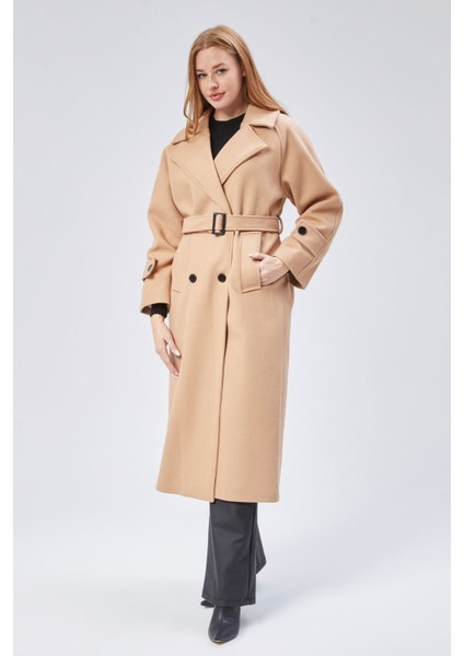 Bej Regular Kemerli Kaşe Kaban