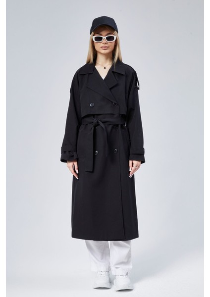 Oversize Kruvaze Kapama Rüzgarlık Detaylı Trençkot
