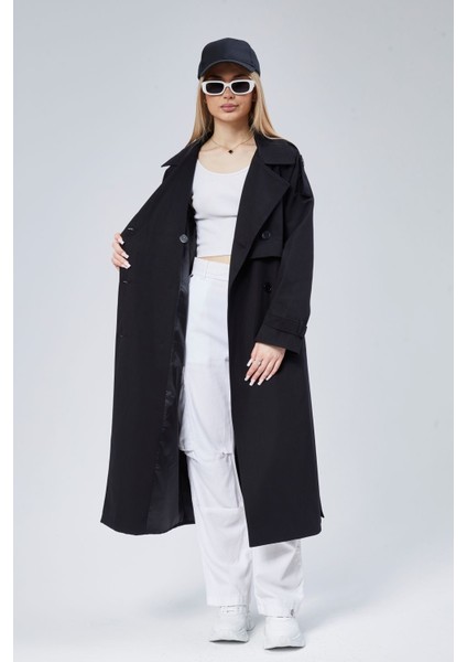 Oversize Kruvaze Kapama Rüzgarlık Detaylı Trençkot