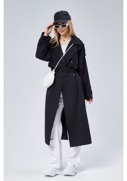 Oversize Kruvaze Kapama Rüzgarlık Detaylı Trençkot