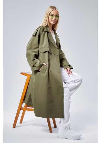 Haki Oversize Kruvaze Kapama Rüzgarlık Detaylı Trençkot 44956