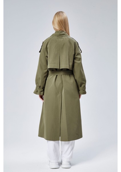Haki Oversize Kruvaze Kapama Rüzgarlık Detaylı Trençkot 44956