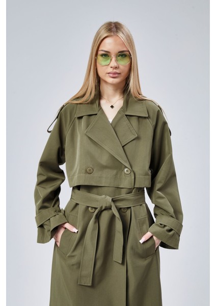 Haki Oversize Kruvaze Kapama Rüzgarlık Detaylı Trençkot 44956
