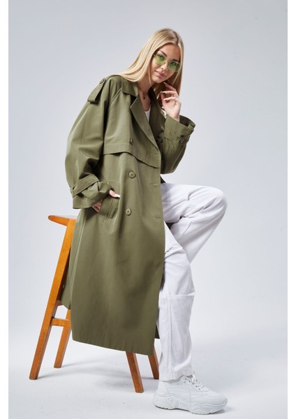 Haki Oversize Kruvaze Kapama Rüzgarlık Detaylı Trençkot 44956