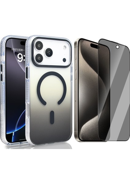 iPhone 17 Pro Max Kılıf M-safe Şarj Özellikli Transparan Renk Geçişli Zore Toros Kapak + Hayalet Ekran Koruyucu