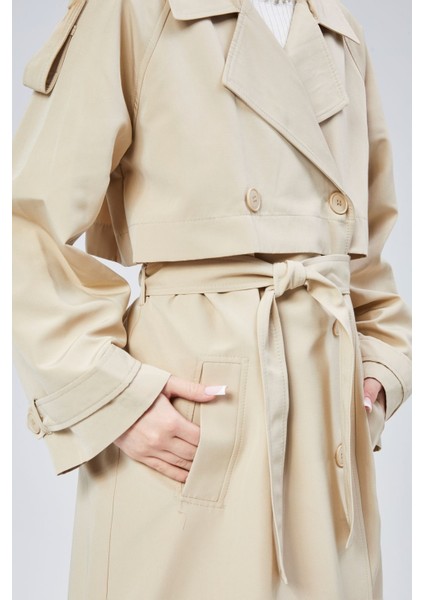 Bej Oversize Kruvaze Kapama Rüzgarlık Detaylı Trençkot 44956