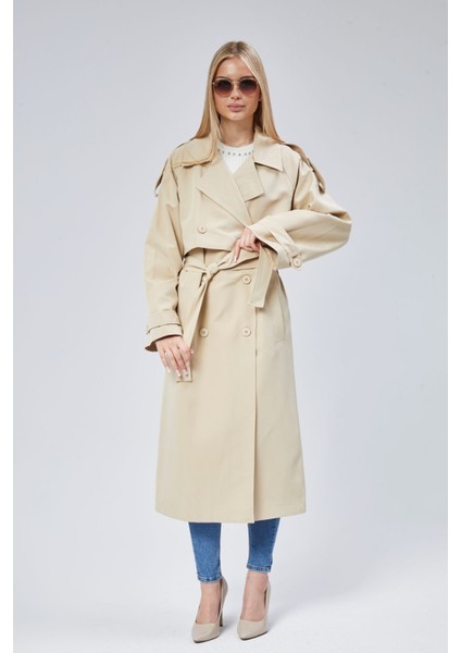 Bej Oversize Kruvaze Kapama Rüzgarlık Detaylı Trençkot 44956
