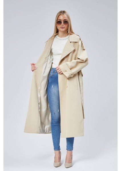 Bej Oversize Kruvaze Kapama Rüzgarlık Detaylı Trençkot 44956