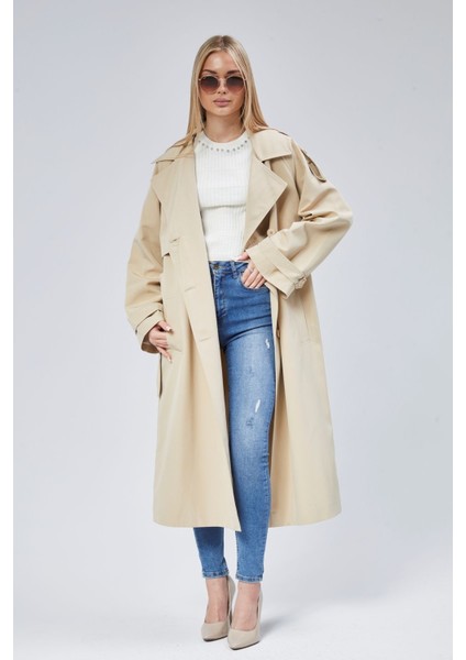 Bej Oversize Kruvaze Kapama Rüzgarlık Detaylı Trençkot 44956