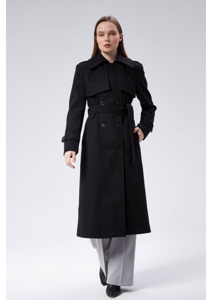 Kadın Regular Rüzgarlık Detaylı Kaşe Kaban