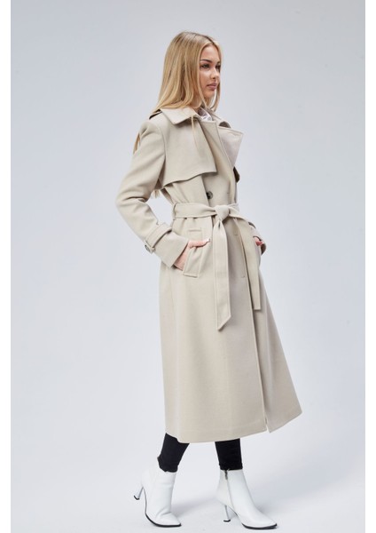 Kadın Regular Rüzgarlık Detaylı Kaşe Kaban