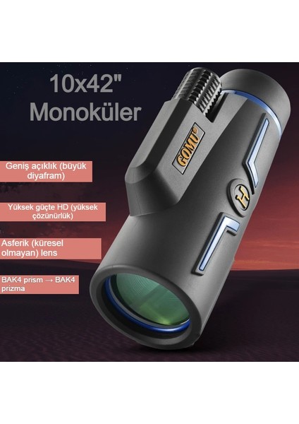 10X42 Hd Monoküler Bak4 Prizma, Fmc Kaplama, 20MM Mercek, Ipx6, Telefon Adaptörlü