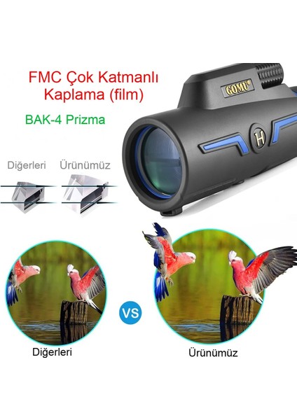 10X42 Hd Monoküler Bak4 Prizma, Fmc Kaplama, 20MM Mercek, Ipx6, Telefon Adaptörlü
