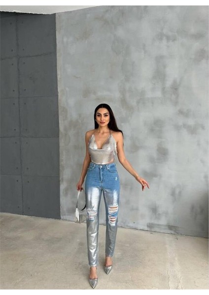 Diz Yırtık Varaklı Mom Kot Pantolon - Gümüş indirimleri