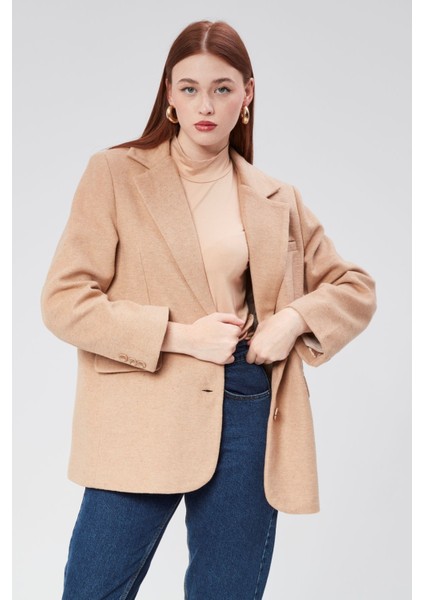 Kruvaze Yaka Regular Fit Kaşe Ceket