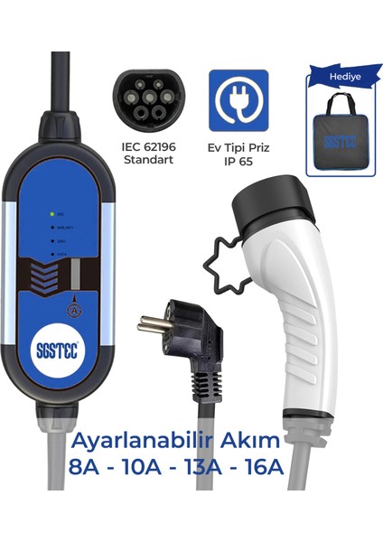 EV Type2 3,5kW 16A Taşınabilir Elektrikli Araç Şarj Cihazı