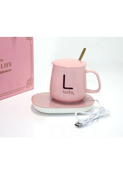 Pembe Porselen Kupa, Kapak ve Kaşık ile Elektrikli Isıtıcı, Şık ve Pratik Tasarım