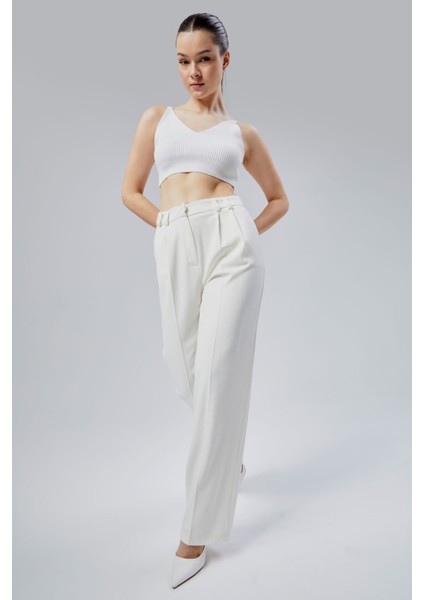Kadın Ekru Regular Kalıp Dokuma Palazzo Pantolon