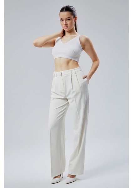 Kadın Ekru Regular Kalıp Dokuma Palazzo Pantolon
