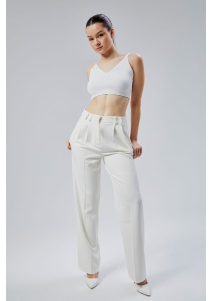 Kadın Ekru Regular Kalıp Dokuma Palazzo Pantolon