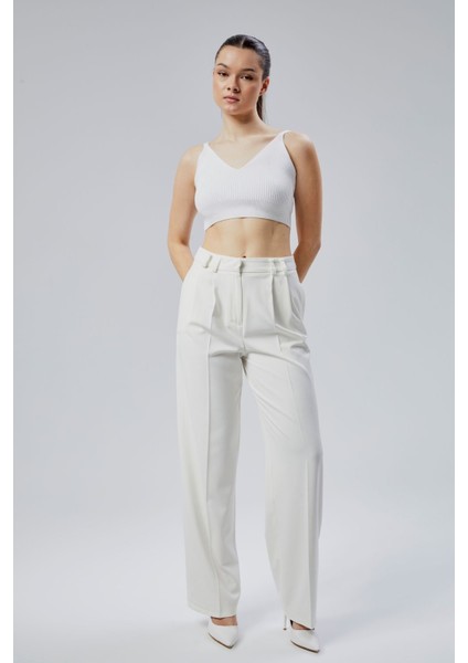 Kadın Ekru Regular Kalıp Dokuma Palazzo Pantolon