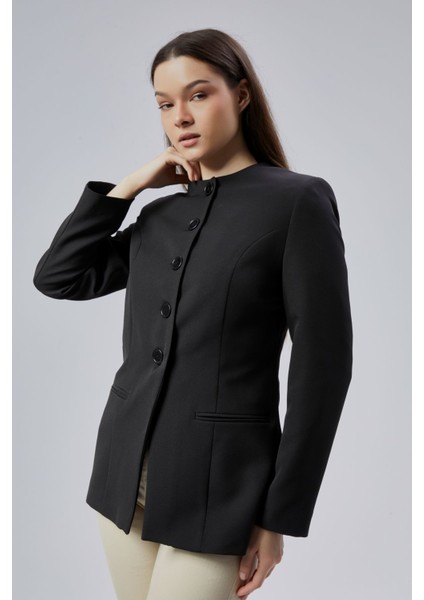 Siyah Bisiklet Yaka Regular Dokuma Ceket