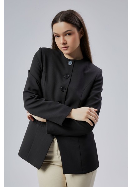 Siyah Bisiklet Yaka Regular Dokuma Ceket