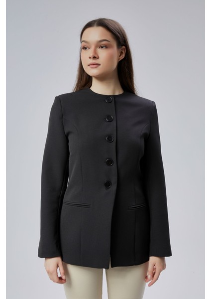 Siyah Bisiklet Yaka Regular Dokuma Ceket