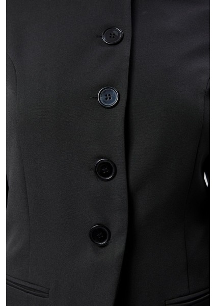 Siyah Bisiklet Yaka Regular Dokuma Ceket