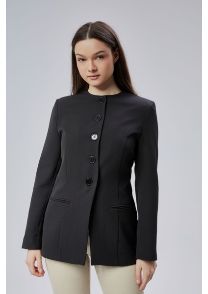 Siyah Bisiklet Yaka Regular Dokuma Ceket