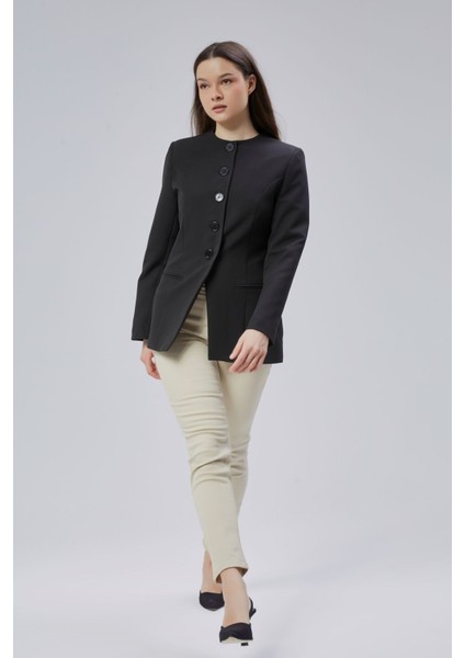 Siyah Bisiklet Yaka Regular Dokuma Ceket