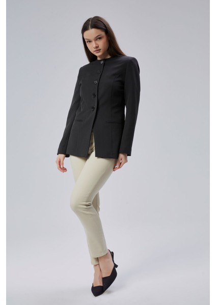 Siyah Bisiklet Yaka Regular Dokuma Ceket