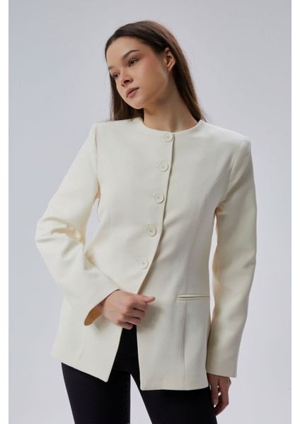 Ekru Bisiklet Yaka Regular Dokuma Ceket