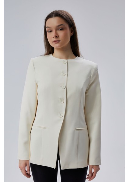 Ekru Bisiklet Yaka Regular Dokuma Ceket