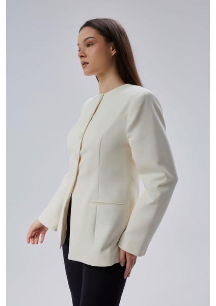 Ekru Bisiklet Yaka Regular Dokuma Ceket