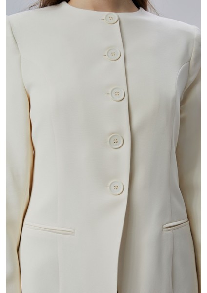 Ekru Bisiklet Yaka Regular Dokuma Ceket