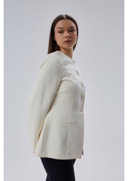 Ekru Bisiklet Yaka Regular Dokuma Ceket