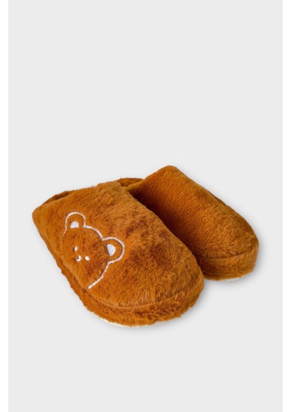 Önü Kapalı Ayıcık Baskılı Peluş Kadın Ev Terliği Taba modelleri